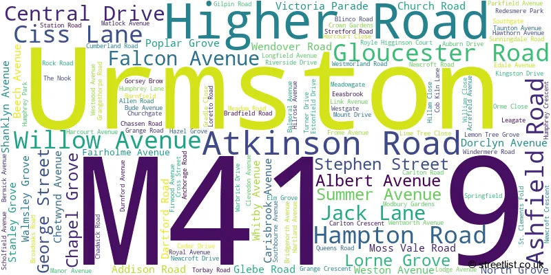 A word cloud for the M41 9 postcode